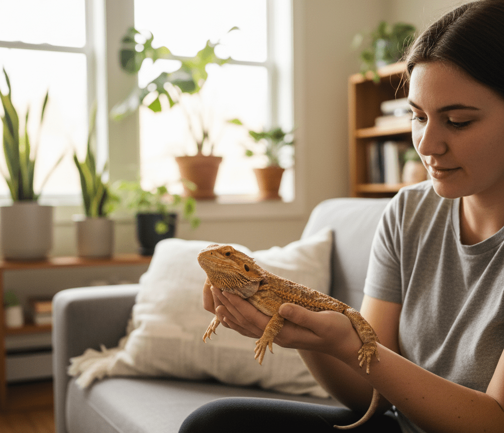 Yuma reptile rescue - volunteer gently holding a bearded dragon.